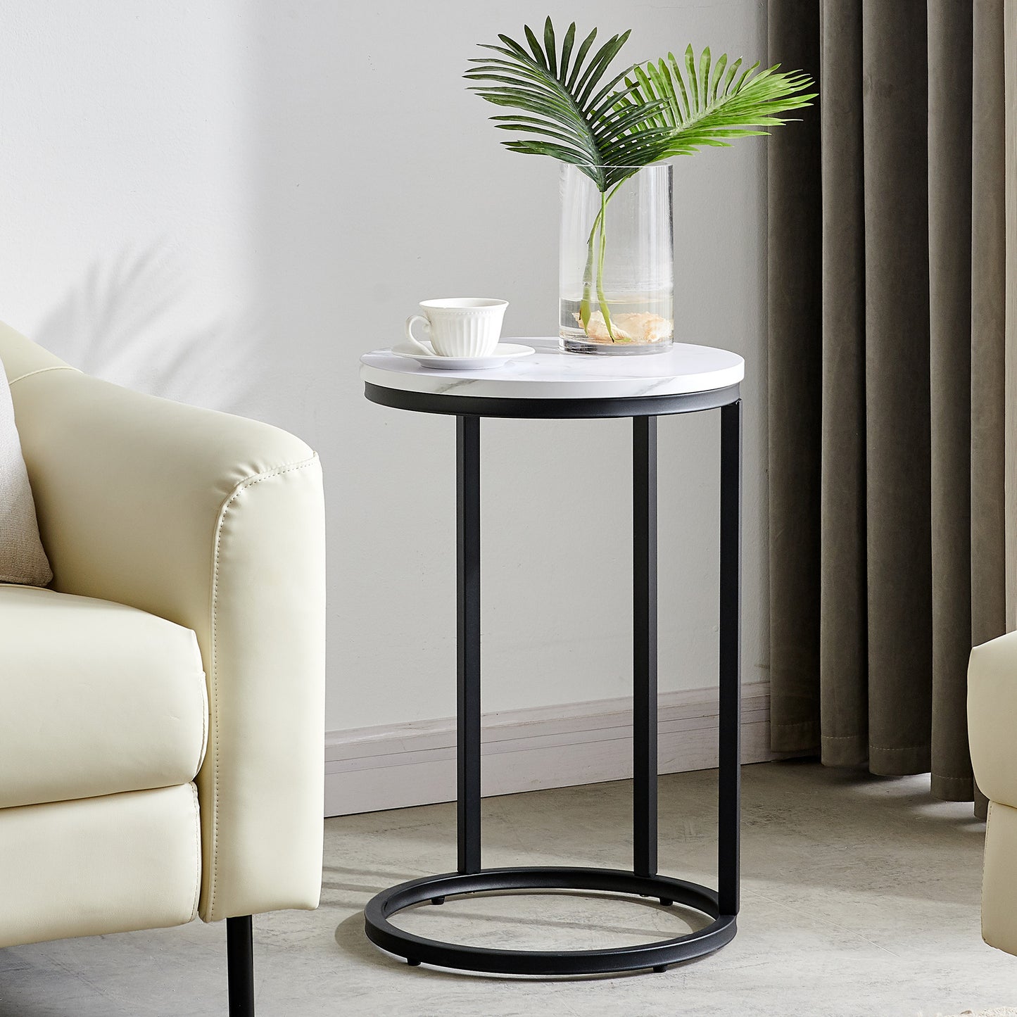 Modern C-shaped end/side table,Black metal frame with round marble color top-15.75''