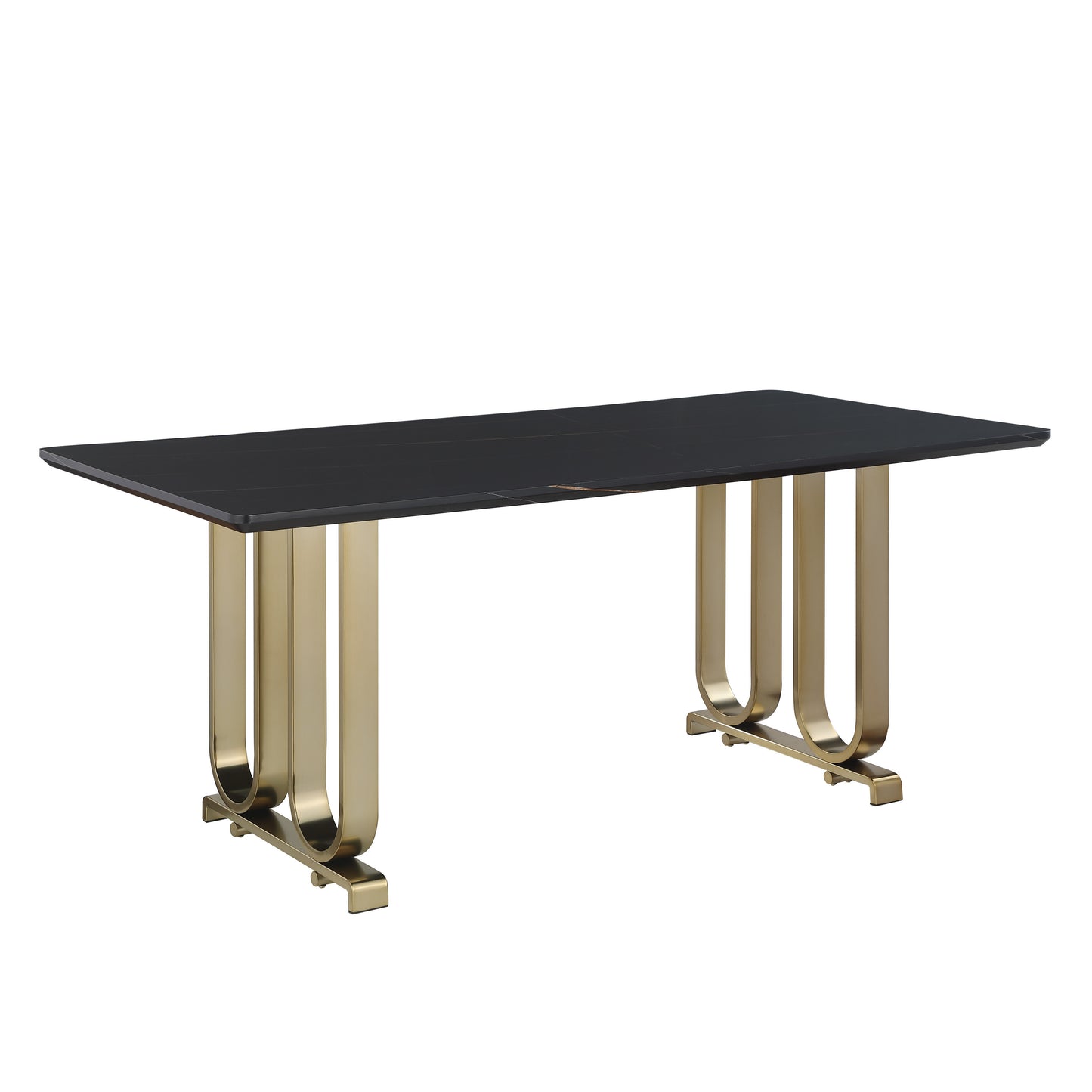 Contemporary Dining Table with Lauren Gold Black Top, Brushed Brass Metal Base, 71" W x 35" D x 30" H, Black+Brushed Brass