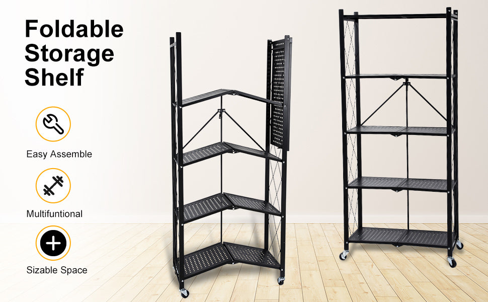 5-Tier Heavy Duty Foldable Metal Rack Storage Shelving Unit with Wheels Moving Easily Organizer Shelves Great for Garage Kitchen Holds up to 1250 lbs Capacity, Black