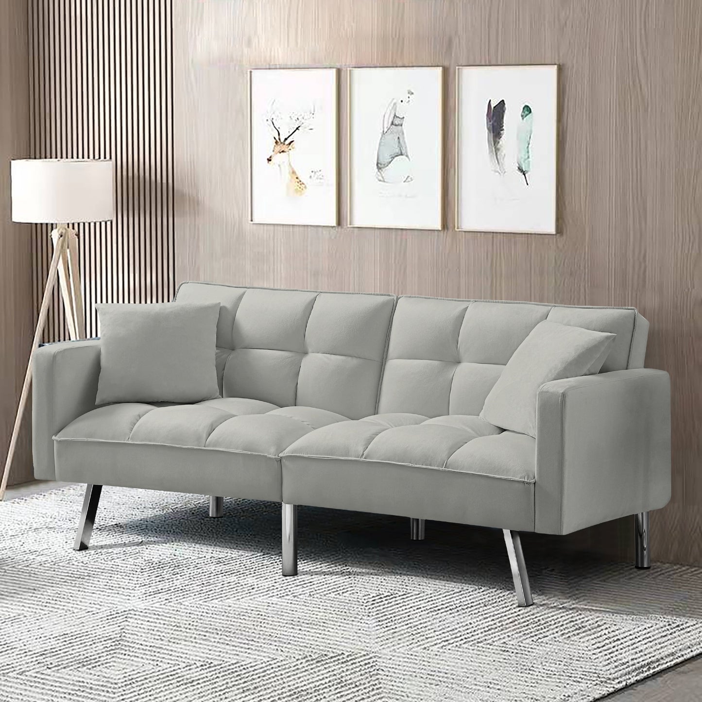 Futon Sofa Sleeper Grey Velvet with 2 Pillows