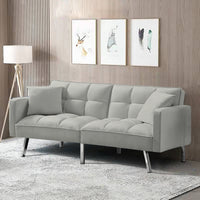 Futon Sofa Sleeper Grey Velvet with 2 Pillows