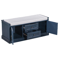 Storage Bench with 2 Drawers and 2 Cabinets, Shoe Bench with Removable Cushion for Living Room, Entryway (Antique Navy)