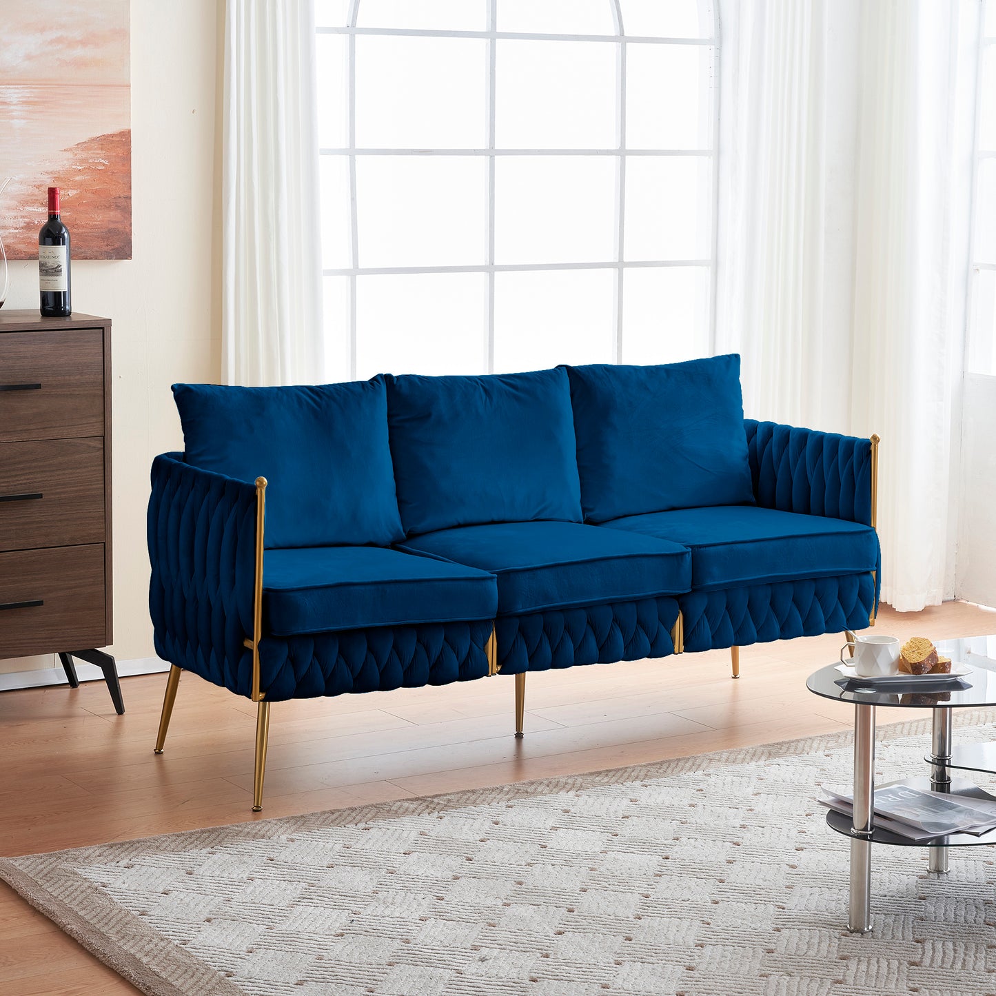 Velvet Couch Sofa for Three People , Upholstered Sofa with Stylish Woven Back, Small Comfy Couch with 3 Pillows, Modern 3-Seat Sofa with Gold Frame for Living Room , Blue Velvet