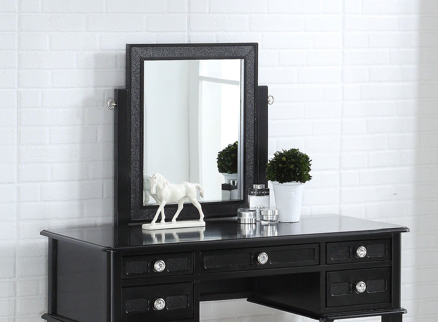 Bedroom Vanity Set Stool Storage Drawers  Mirror Black Color Modern Gorgeous Furniture MDF Rubber wood