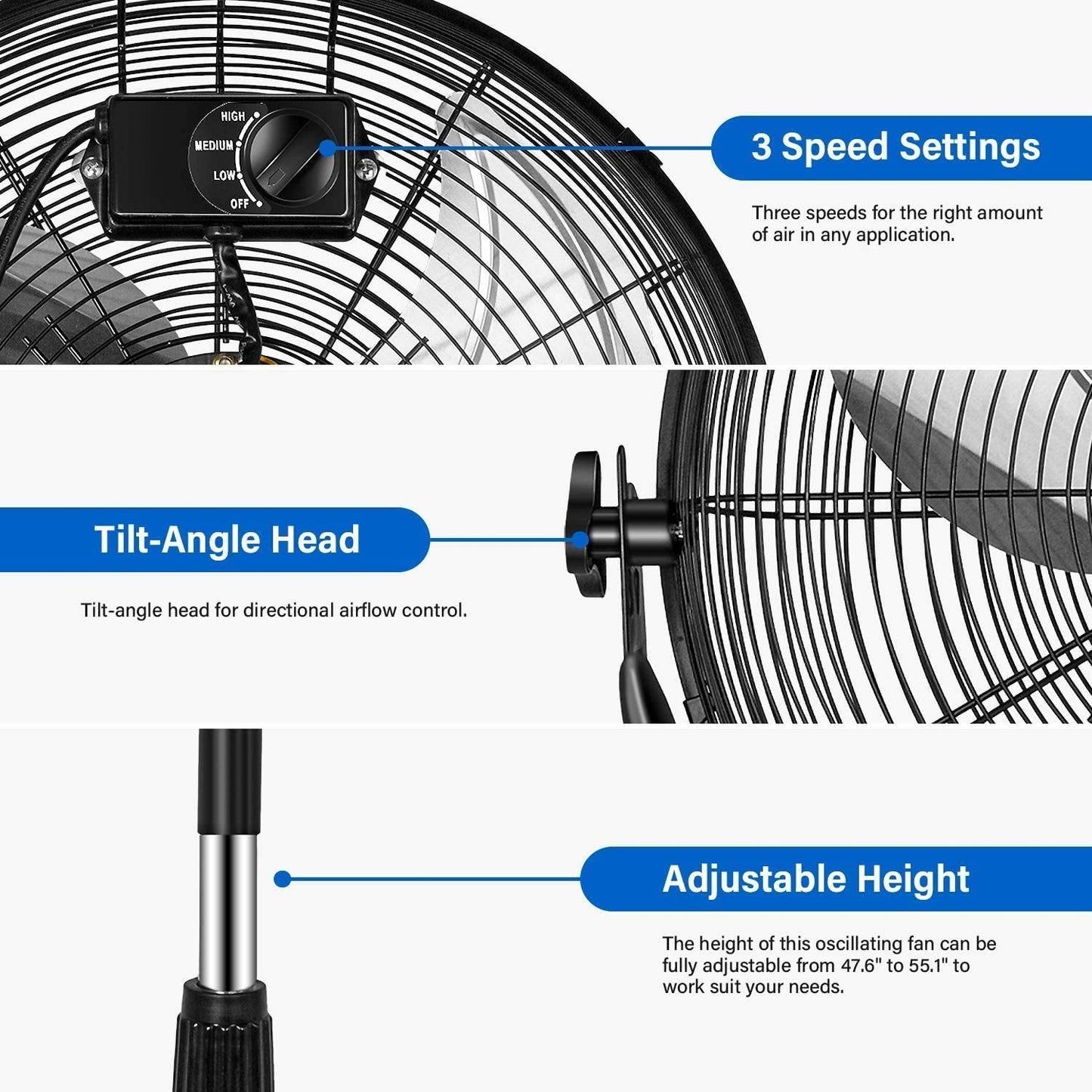 Simple Deluxe 20 Inch Pedestal Standing Fan, High Velocity, Heavy Duty Metal For Industrial, Commercial, Residential, Greenhouse Use, Black