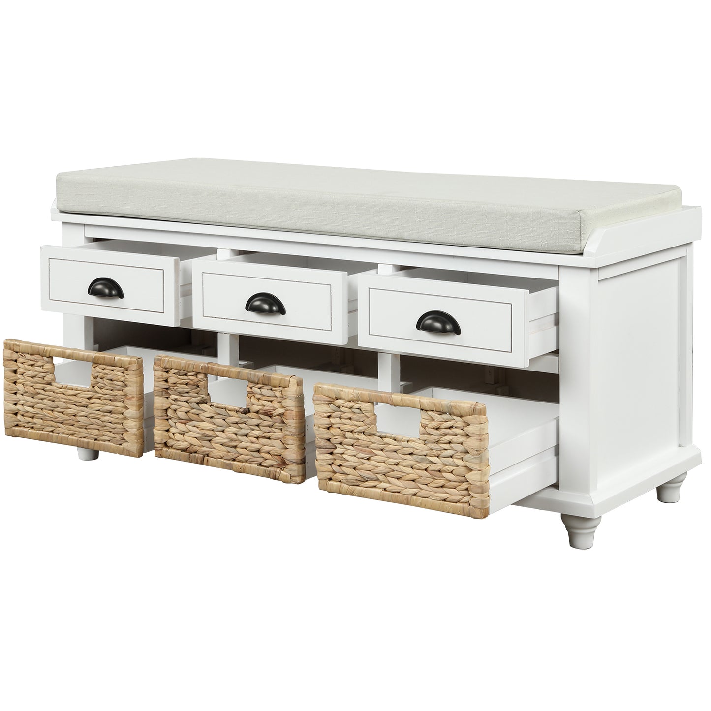 Rustic Storage Bench with 3 Drawers and 3 Rattan Baskets, Shoe Bench for Living Room, Entryway (White)