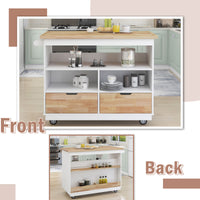 Kitchen Cart Rolling Mobile Kitchen Island Solid Wood Top, Kitchen Cart With 2 Drawers, Tableware Cabinet (White)