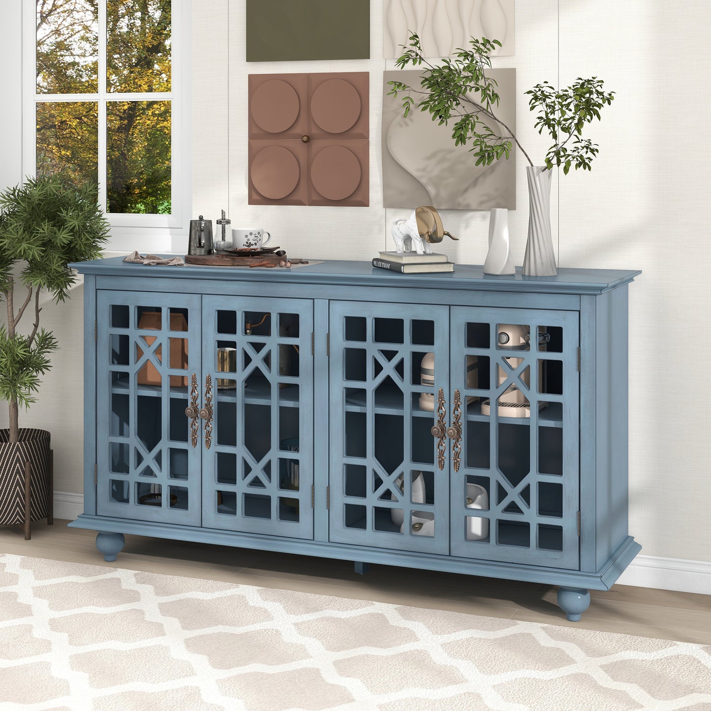 Sideboard with Adjustable Height Shelves, Metal Handles, and 4 Doors for Living Room, Bedroom, and Hallway (Teal Blue)