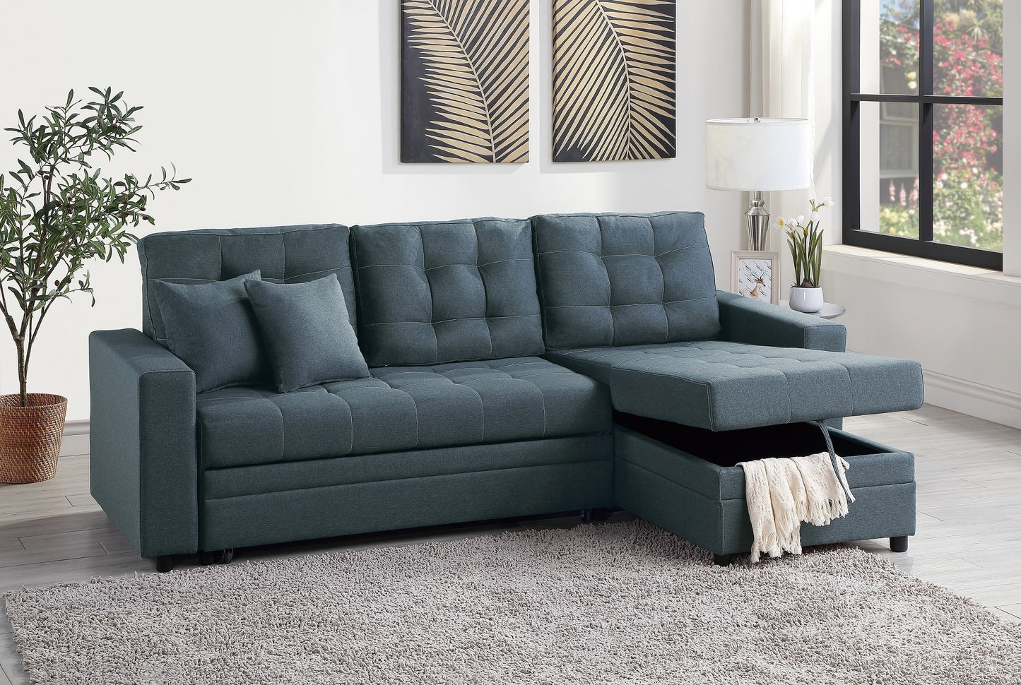 Blue Grey Convertible Sectional Pull Out Bed Sofa Chaise Reversible Storage Chaise Polyfiber Tufted Couch Lounge