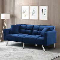 Futon Sofa Sleeper Navy Blue Velvet with 2 Pillows