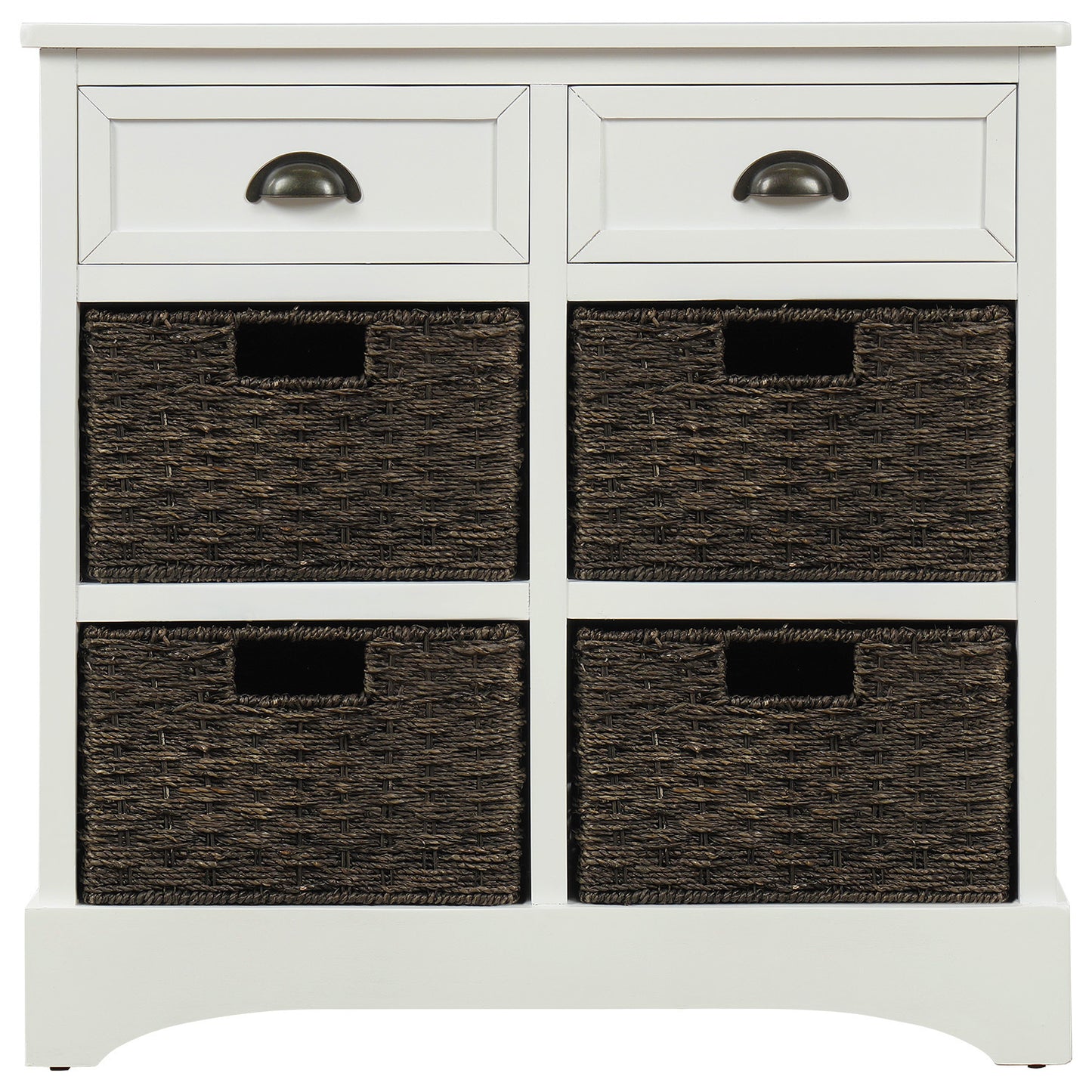 Rustic Storage Cabinet with Two Drawers and Four Classic Rattan Basket for Dining Room/Living Room (White)