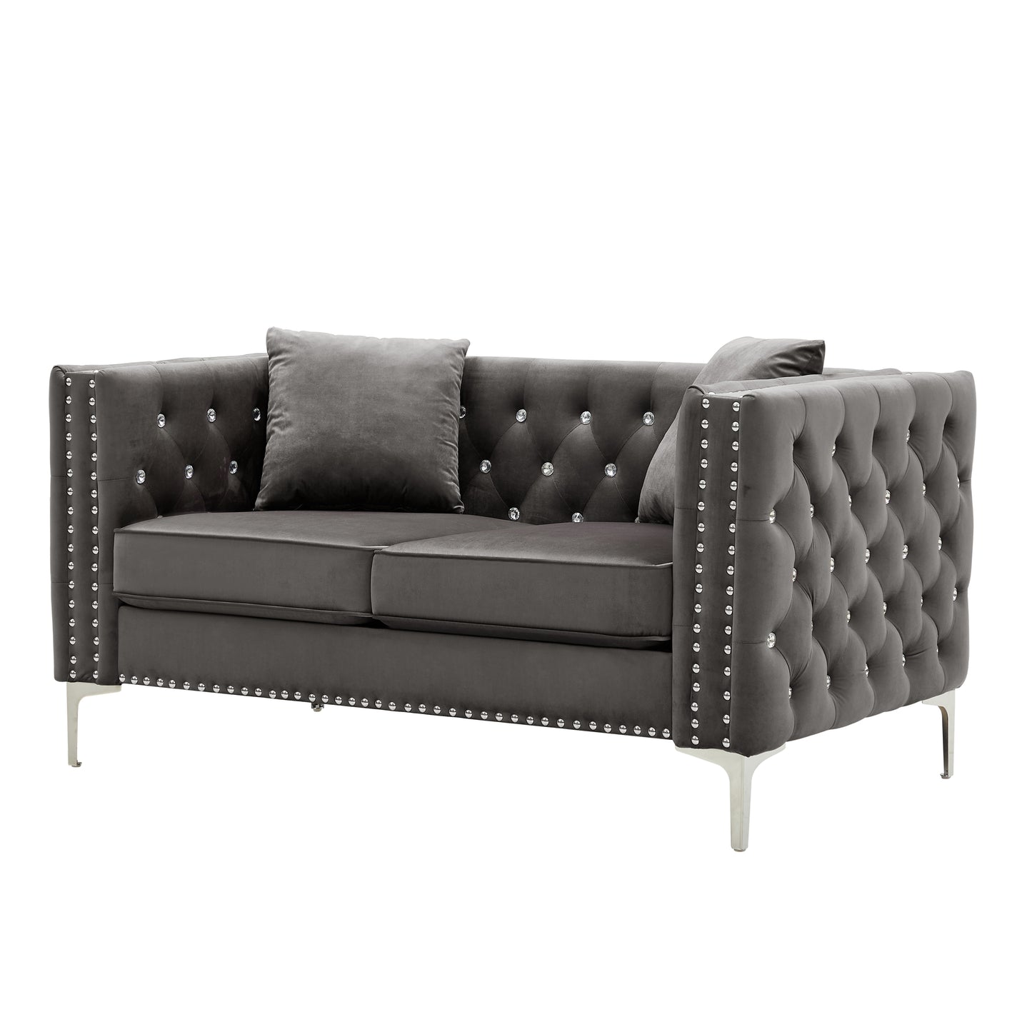 59.4 Inch Wide Grey Velvet Sofa with Jeweled Buttons, Square Arm , 2 Pillow