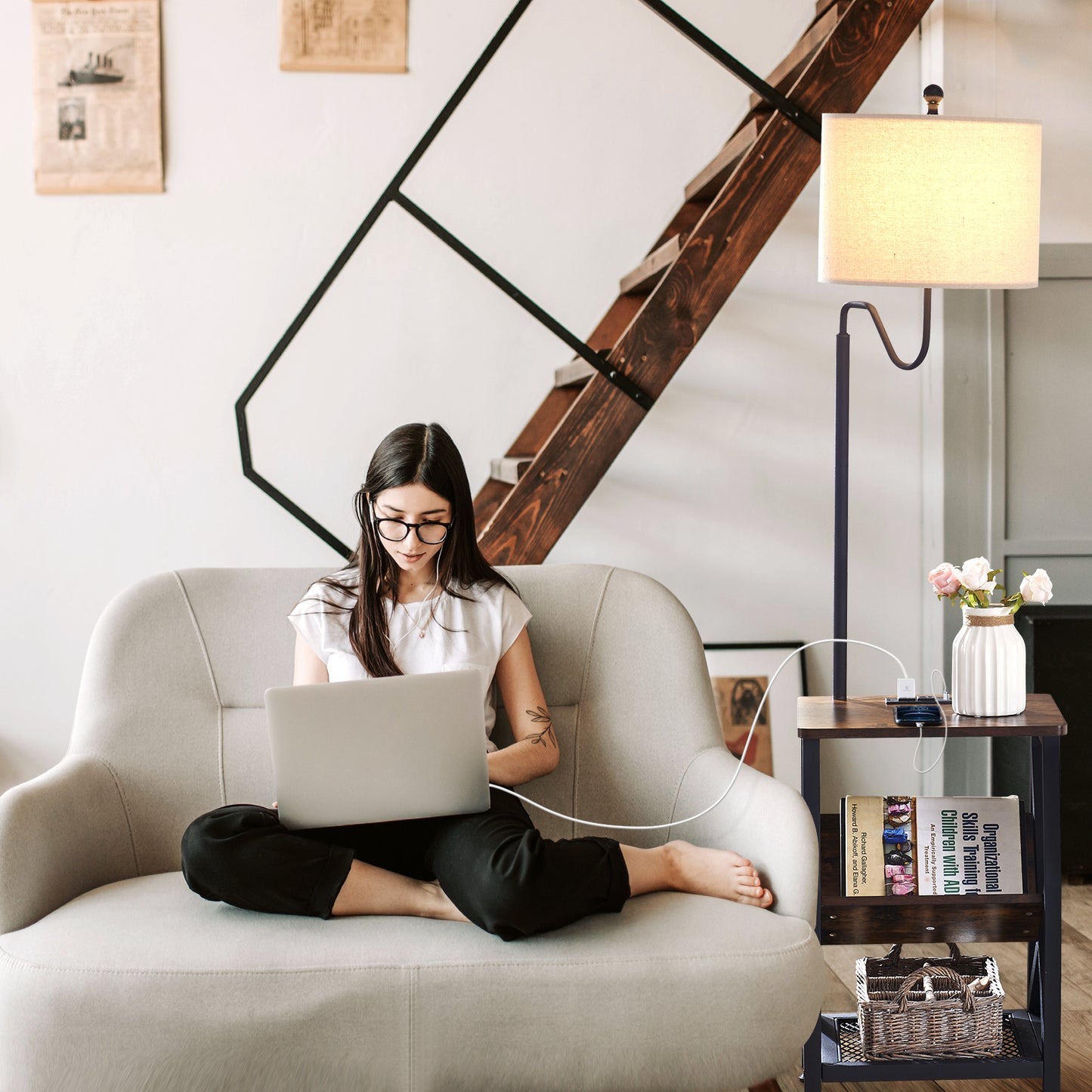 Side Table End Table with Floor Lamp