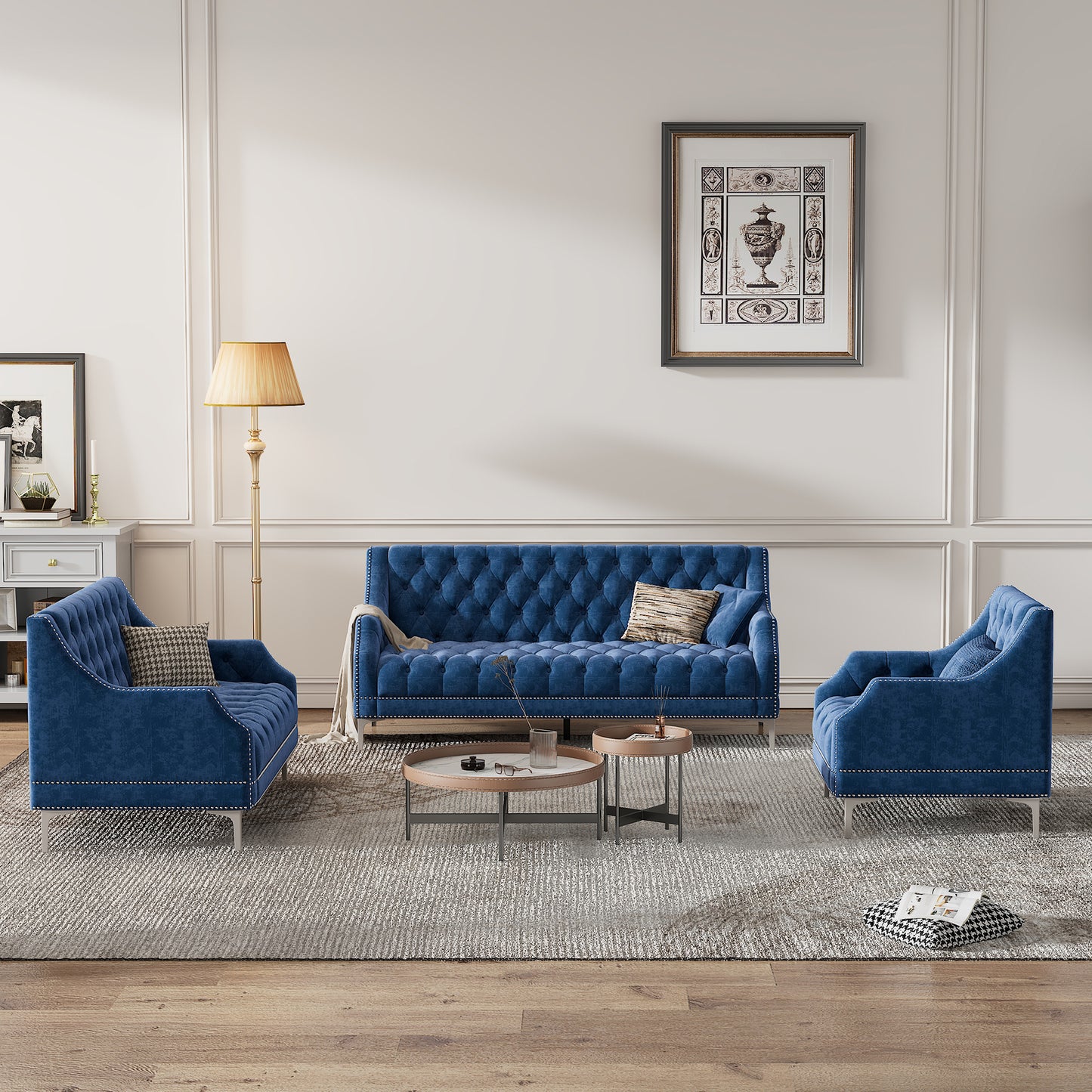 Modern three-piece sofa set with metal legs, buttoned tufted backrest, frosted velvet upholstered sofa set including three-seater sofa, double seater and living room furniture set Single chair