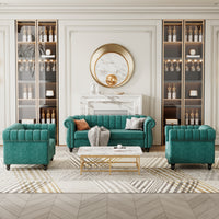 Modern three-piece sofa set with solid wood legs, buttoned tufted backrest, frosted velvet upholstered sofa set including three-seater sofa, double seater and living room furniture set Single chair,