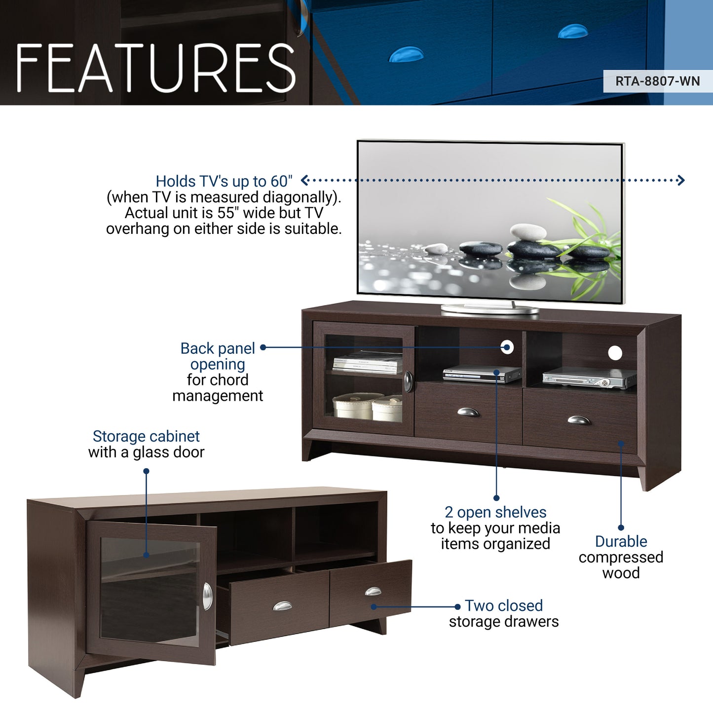 Techni Mobili Modern TV Stand with Storage for TVs Up To 60", Wenge