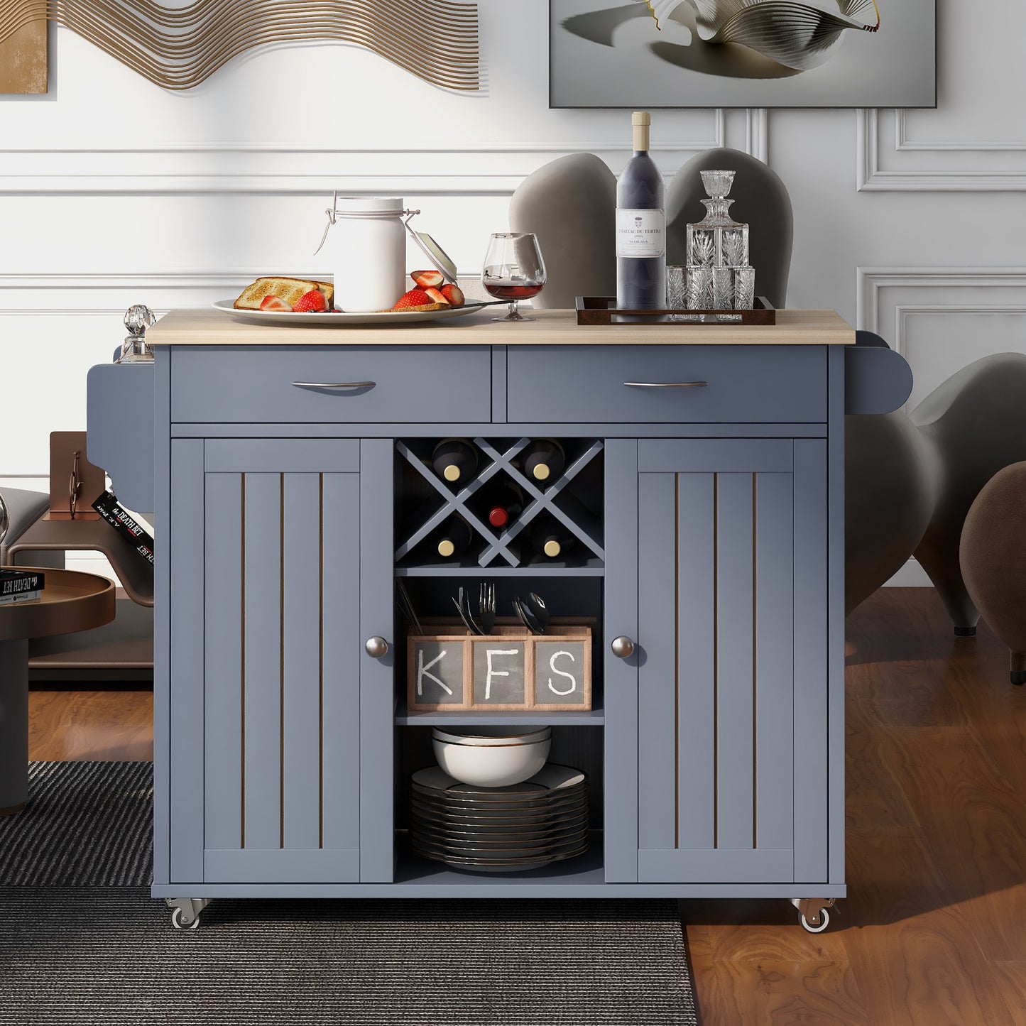 K&K Store Kitchen Island Cart with Two Storage Cabinets and Four Locking Wheels, Wine Rack, Two Drawers, Spice Rack, Towel Rack (Grey Blue)