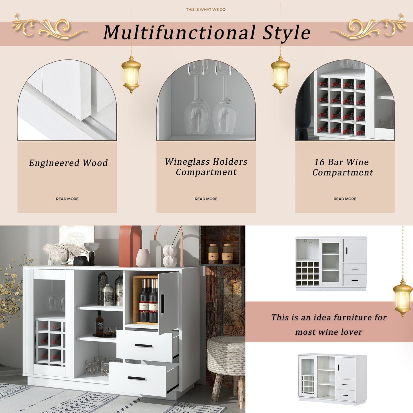 Kitchen Functional Sideboard with Glass Sliding Door and Integrated 16 Bar Wine Compartment, Wineglass Holders (White)