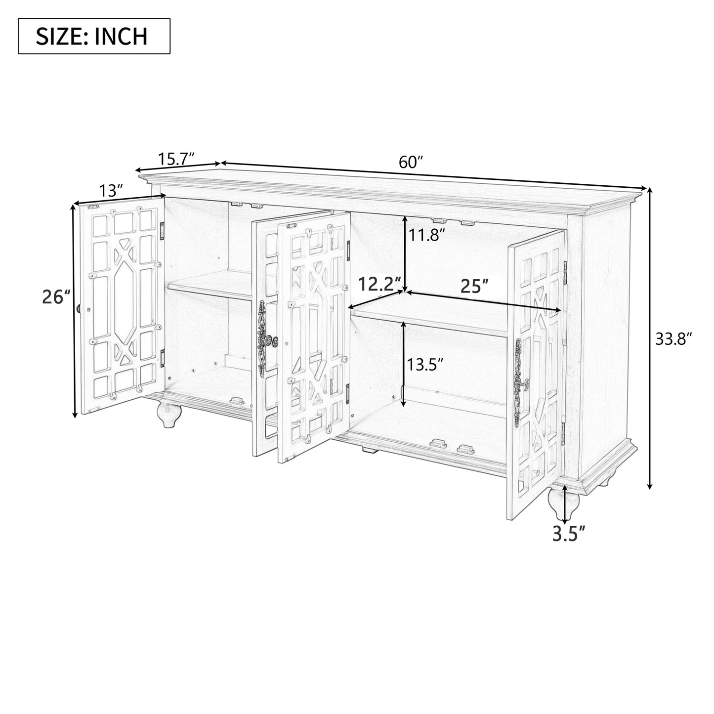 Sideboard with Adjustable Height Shelves, Metal Handles, and 4 Doors for Living Room, Bedroom, and Hallway (Teal Blue)