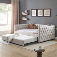 Daybed with Trundle Upholstered Tufted Sofa Bed with Button and Copper Nail on Square Arms, Full Daybed & Twin Trundle, Beige (85“x57”x31.5“)