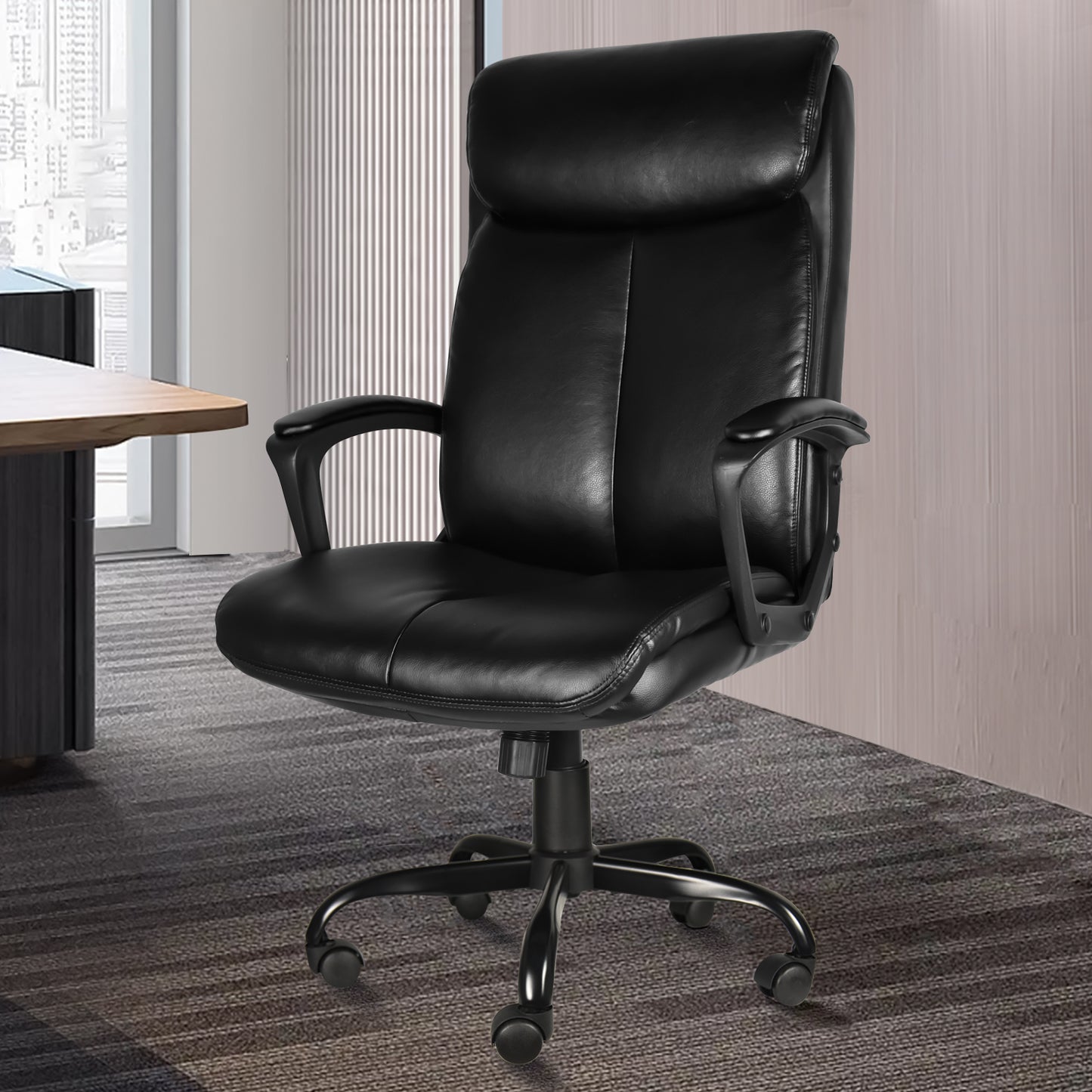 Office Desk Chair with High Quality PU Leather, Adjustable Height/Tilt, 360-Degree Swivel, 300LBS, Black