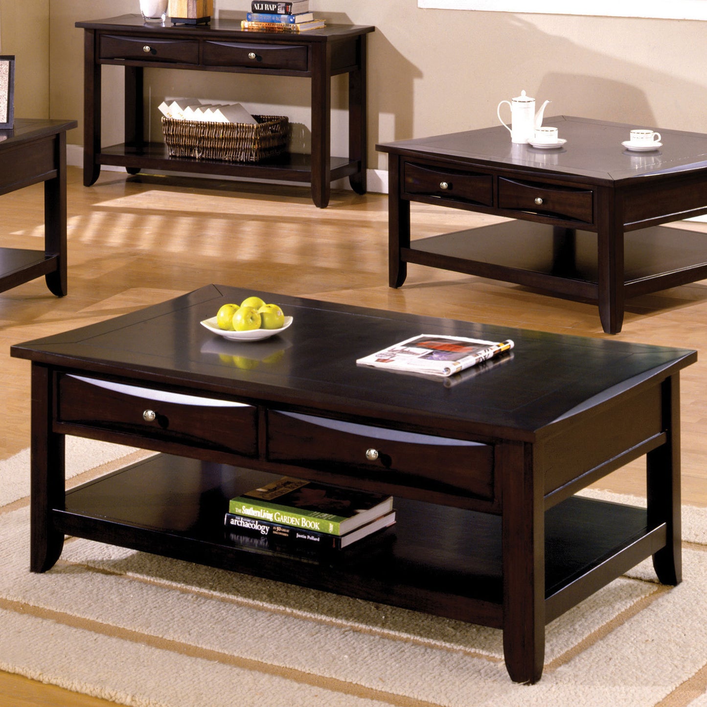 Living Room 1x Coffee Table Solid wood Espresso Open Shelf Drawers Sturdy Heavy Furniture 
Nickel Round Knob