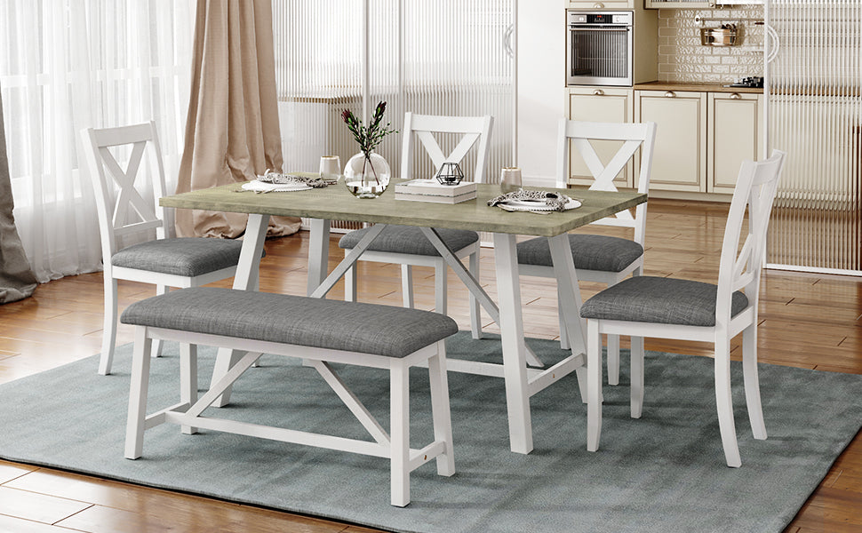 6 Piece Dining Table Set Wood Dining Table and chair Kitchen Table Set with Table, Bench and 4 Chairs, Rustic Style, White+Gray