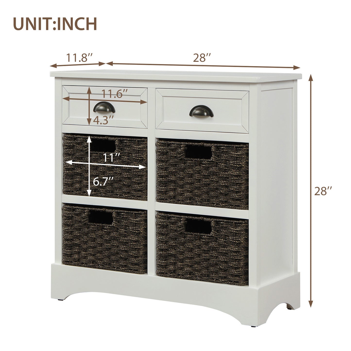 Rustic Storage Cabinet with Two Drawers and Four Classic Rattan Basket for Dining Room/Living Room (White)