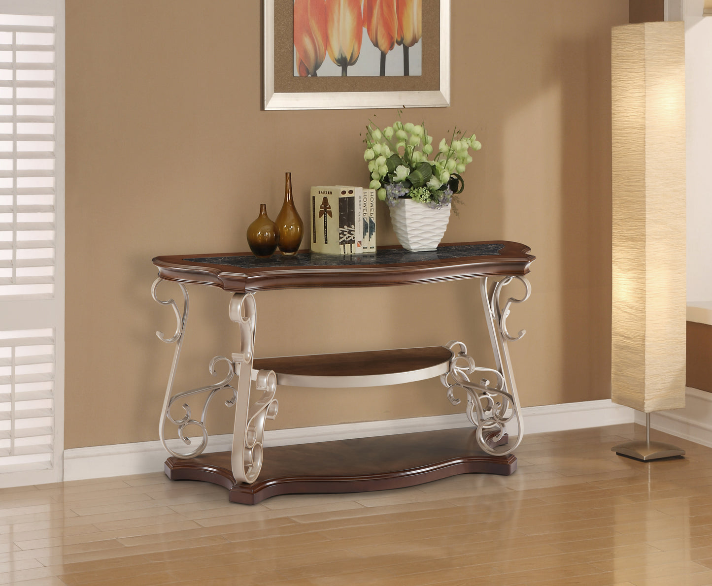 Sofa Table,  marble paper top, MDF with birch middle shelf , powder coat finish metal legs. (54"Lx20"Wx30"H)