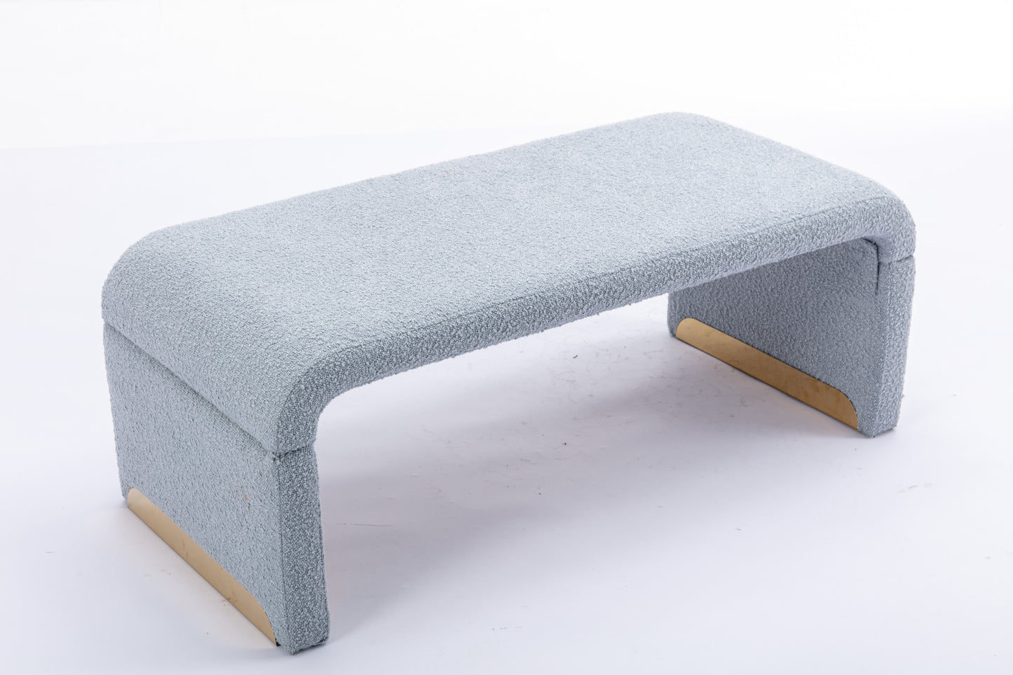 Boucle Fabric Loveseat Ottoman Footstool Bedroom Bench Shoe Bench With Gold Metal Legs, Light Blue