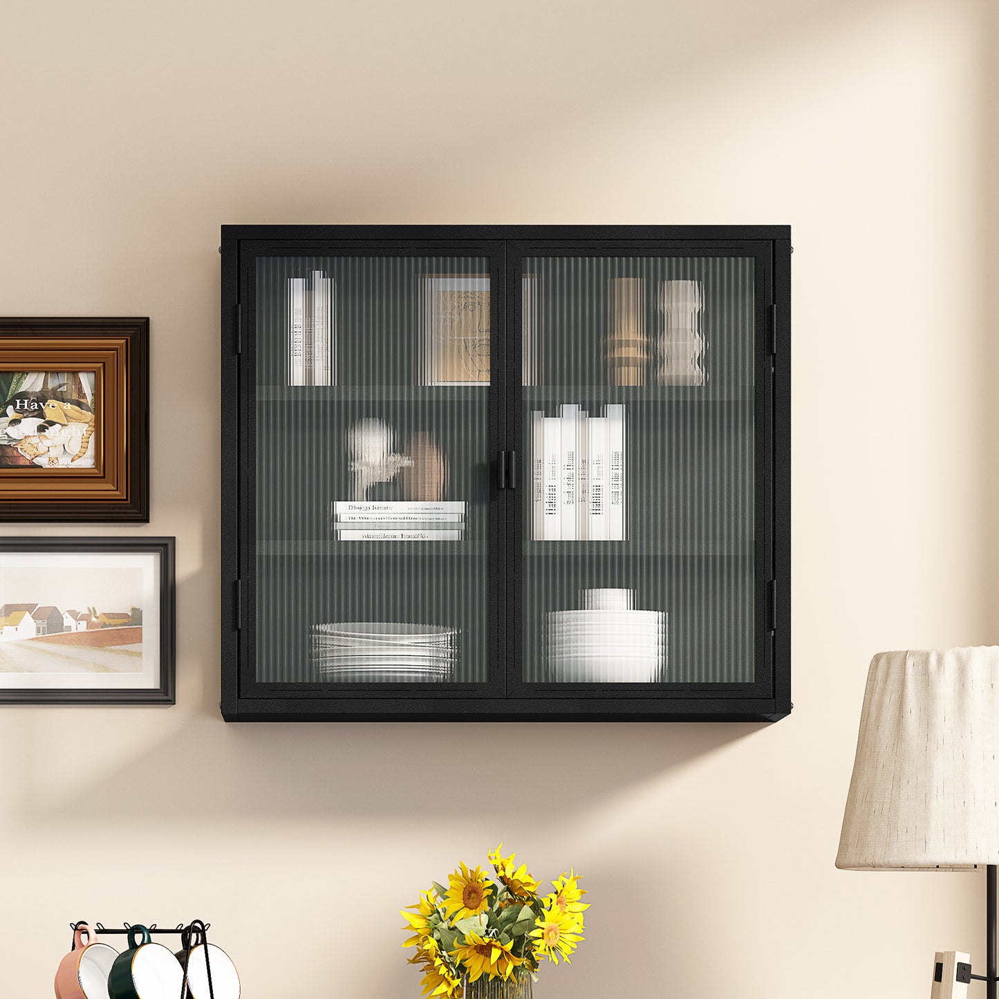 27.56"Glass Doors Modern Two-door Wall Cabinet with Featuring Three-tier Storage for Entryway Living Room Bathroom Dining Room,Matte Black