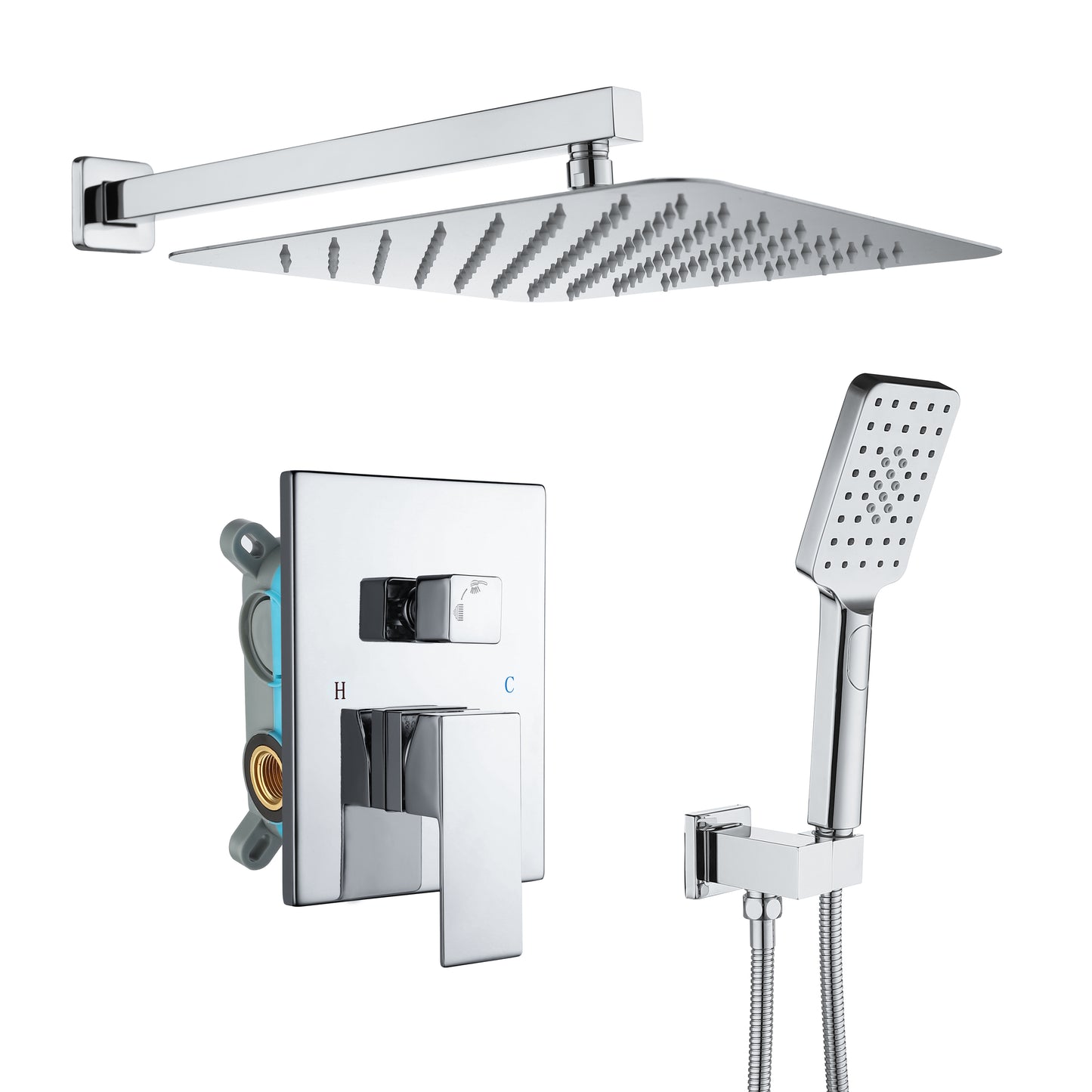 Shower Faucet Set Anti-scald Shower Fixtures with Rough-in Pressure Balanced Valve and Embedded Box, Wall Mounted Rain Shower System