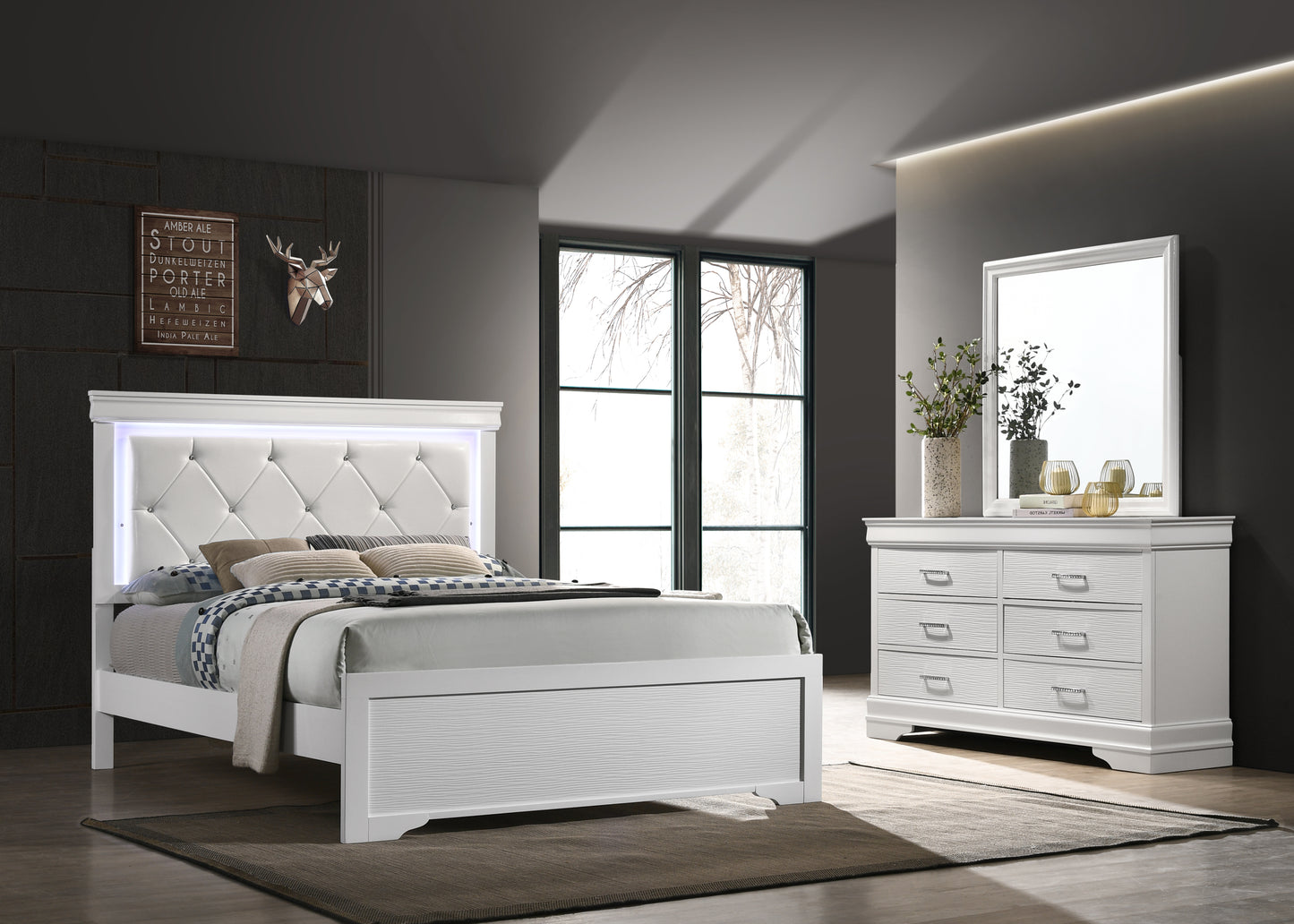 Brooklyn Queen 5-N Pc Tufted Upholstery LED Bedroom set made with Wood in White