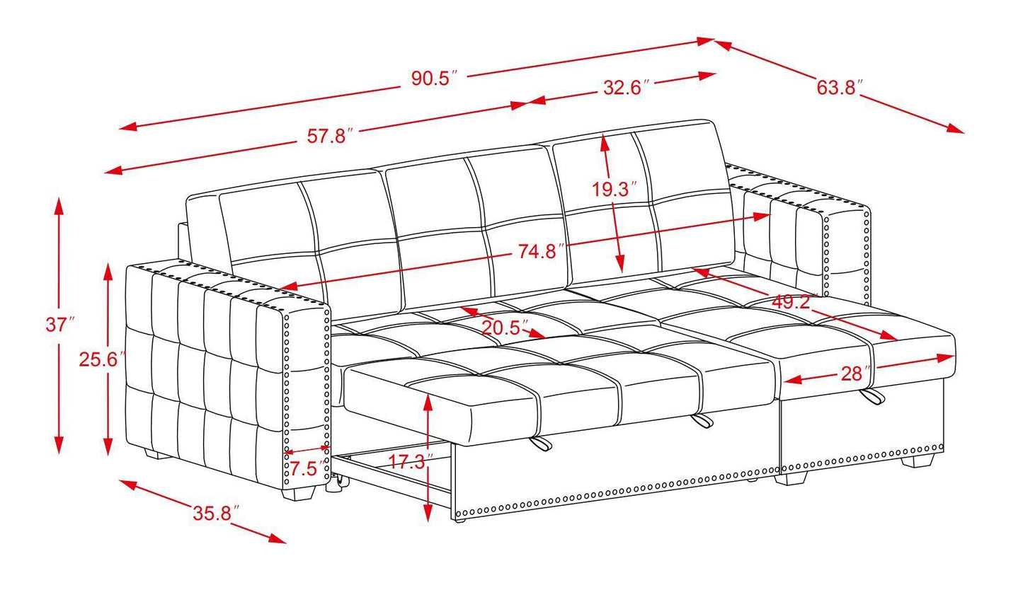 Sectional Sofa with Pulled Out Bed,  2 Seats Sofa and Reversible Chaise with Storage, Both Hands with Copper Nail, Black, (91" x 64" x 37")