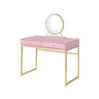 ACME Coleen Vanity Desk w/Mirror & Jewelry Tray in Pink & Gold Finish