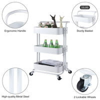 3-Tier Rolling Storage Utility Cart, Heavy Duty Craft Cart with Wheels and Handle, White