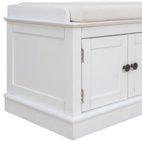 Storage Bench with 4 Doors and Adjustable Shelves, Shoe Bench with Removable Cushion for Living Room, Entryway (White)