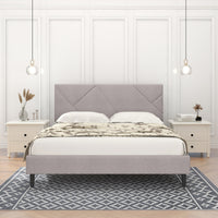 Queen Size Linen Light Beige Sqaure Upholstered Platform Bed With Slat Support