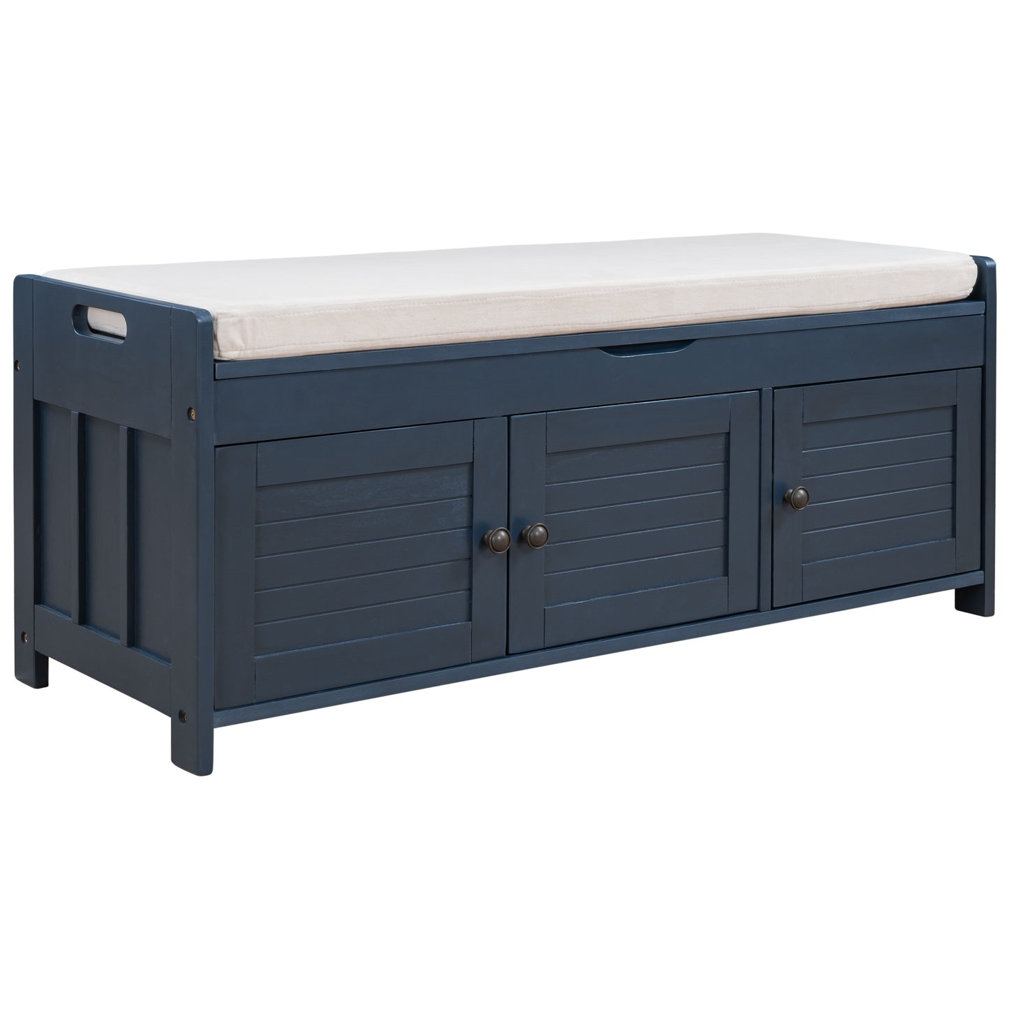 Storage Bench with 3 Shutter-shaped Doors, Shoe Bench with Removable Cushion and Hidden Storage Space (Antique Navy)