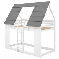 House Bunk Bed with Roof and Built-in Ladder, White