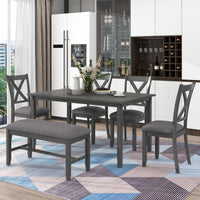 6-Piece Kitchen Dining Table Set Wooden Rectangular Dining Table, 4 Fabric Chairs and Bench Family Furniture (Gray)