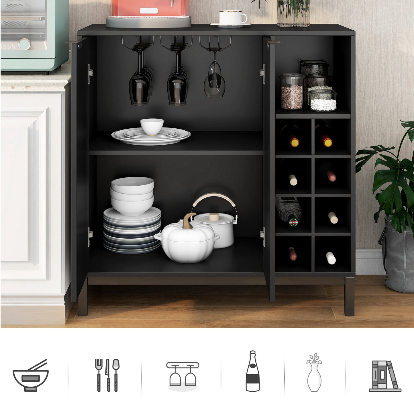 K&K Sideboards and Buffets With Storage Coffee Bar Cabinet Wine Racks Storage Server Dining Room Console 34 Inch (Black)