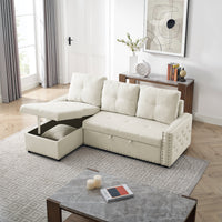 Sectional Sofa with Pulled Out Bed, 2 Seats Sofa and Reversible Chaise with Storage, Both Hands with Copper Nail, Beige, (85" x 56.5" x 35")