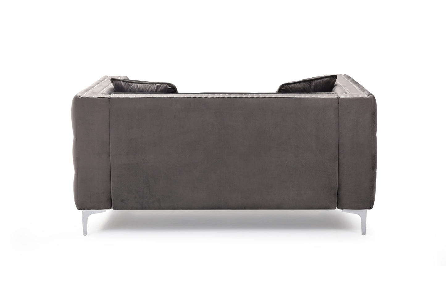 59.4 Inch Wide Grey Velvet Sofa with Jeweled Buttons, Square Arm , 2 Pillow