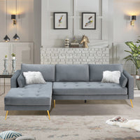 Sectional Sofa with Two Pillows, L-Shape Upholstered Couch with Modern Elegant Velvet for Living Room Apartment