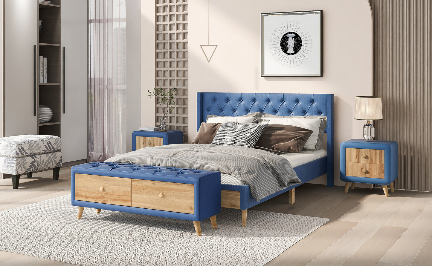 4-Pieces Bedroom Sets Queen Size Upholstered Platform Bed with Two Nightstands and Storage Bench-Blue