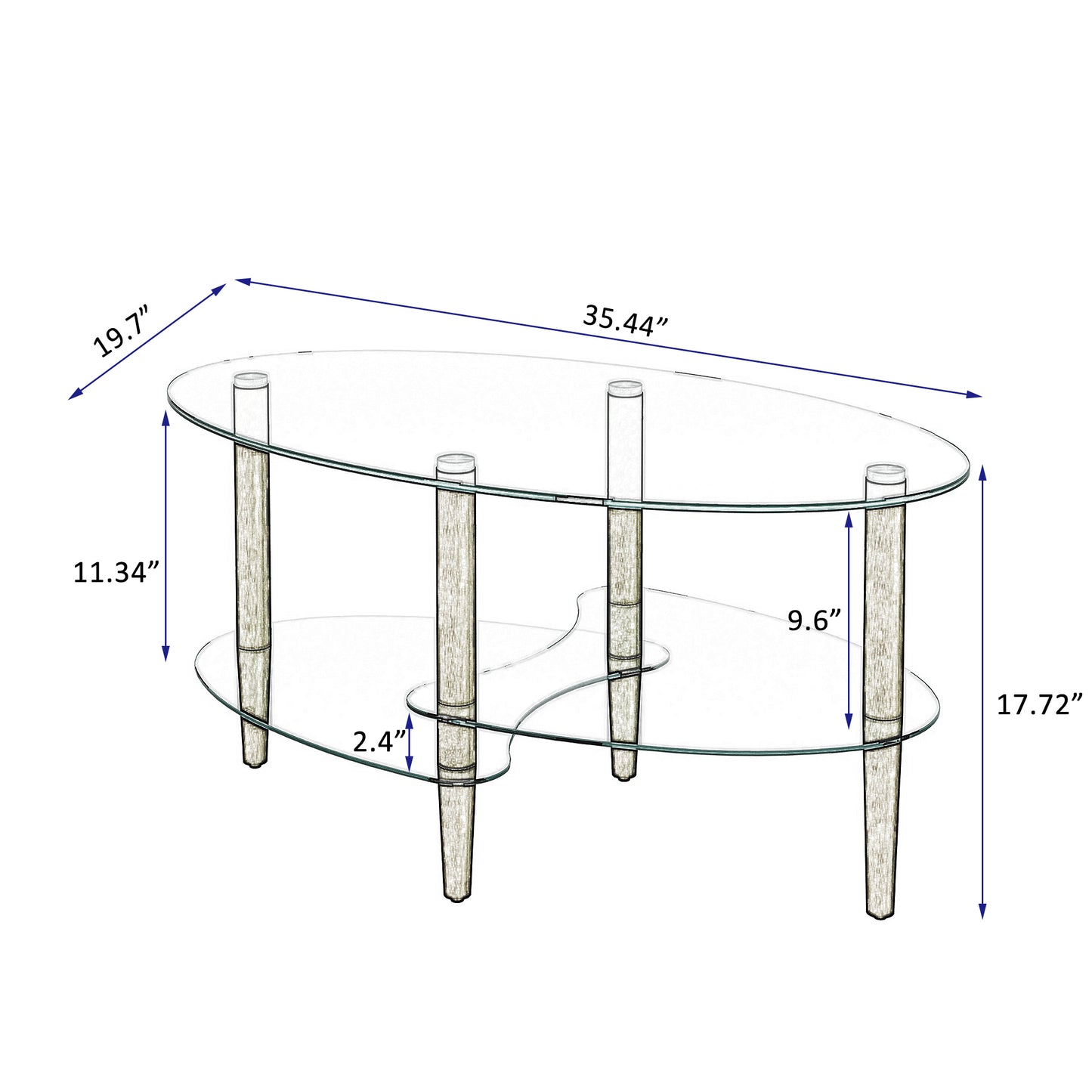 Transparent Oval Glass Coffee Table, Modern Table in Living Room Oak Wood Leg Tea Table 3-Layer Glass Table