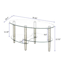 Transparent Oval Glass Coffee Table, Modern Table in Living Room Oak Wood Leg Tea Table 3-Layer Glass Table