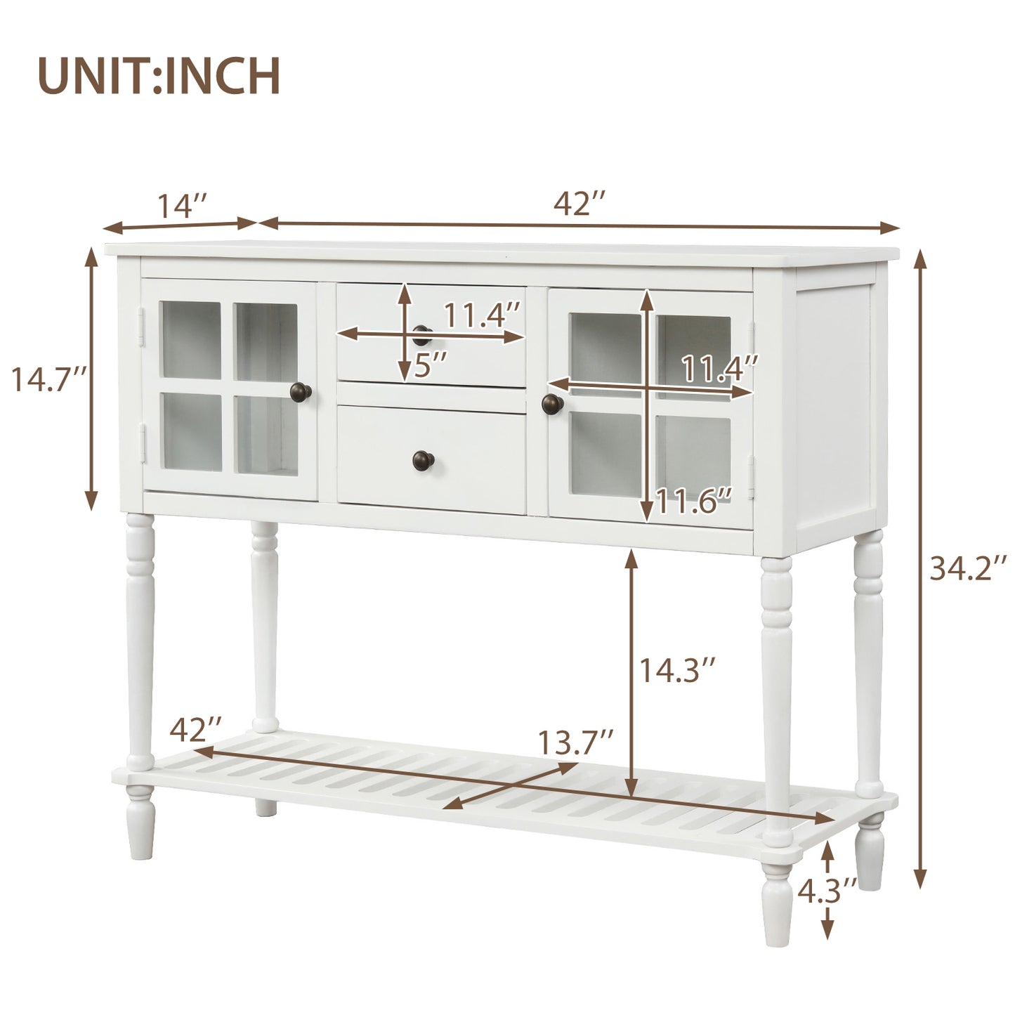 Sideboard Console Table with Bottom Shelf, Farmhouse Wood/Glass Buffet Storage Cabinet Living Room (White)