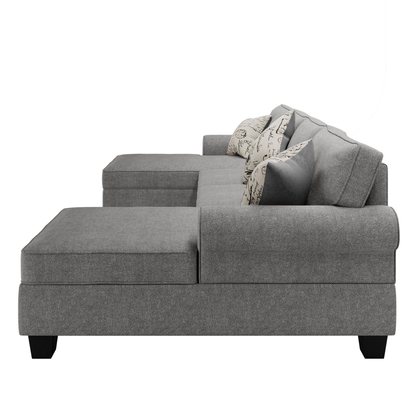 Family-Friendly 3pc U Shaped Sectional with 2 Storage Chaises, Rolled Arm with 3 Throw Pillows, Chenille, Grey